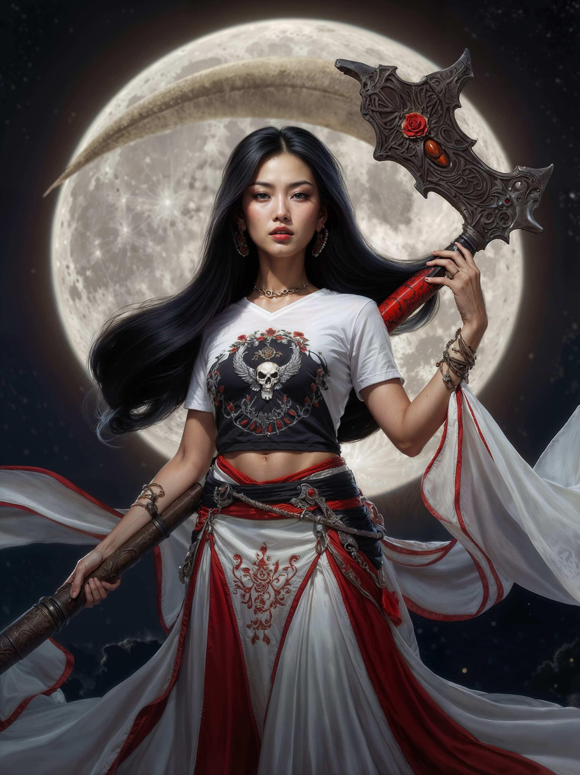 AI generated: A stunning photorealistic portrait of a Hyperrealistic Asian goddess of the underworld, adorned in a...