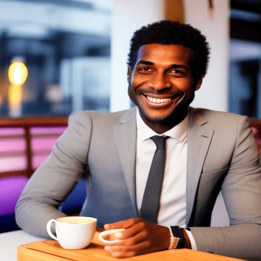 AI generated: a photo of a smiling light tanned black man who is fit and wearing business casual clothes sitting a...