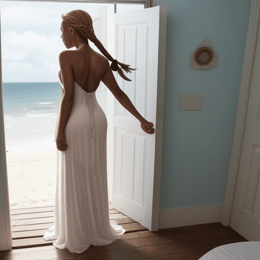 AI generated: The photo is taken in a beach house. The girl is standing near the door (we can see the beach at a d...