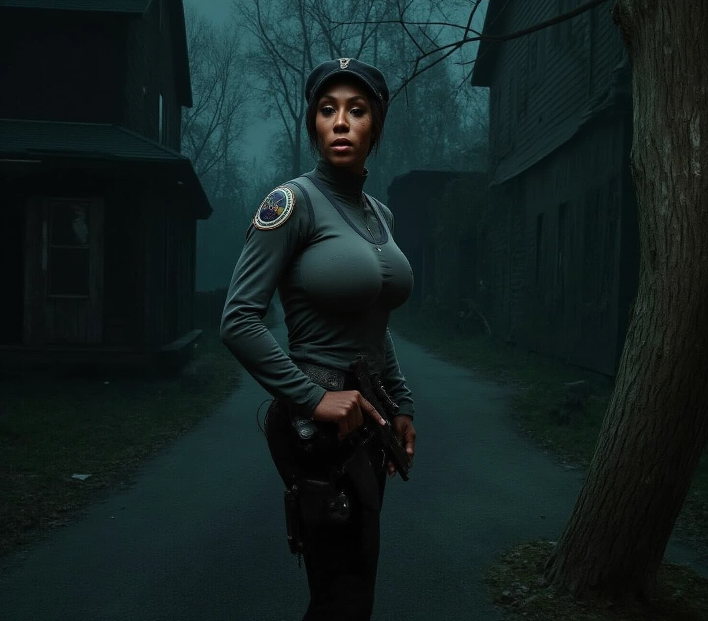 AI generated: Create a vibrant hyperrealistic 3D render RPG scene inspired by Resident Evil. Jill Valentine in tac...