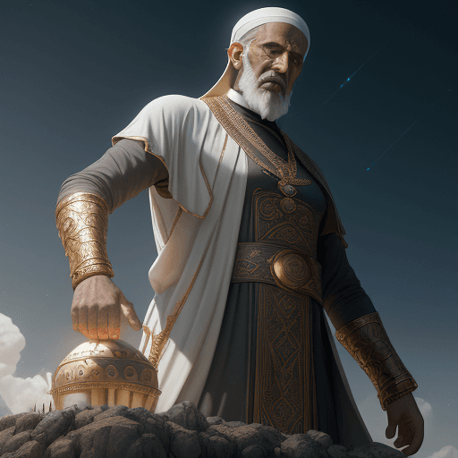 AI generated: Father Annunaki is raising a shiny metal coin with the word Karboran written on it towards the sky. ...