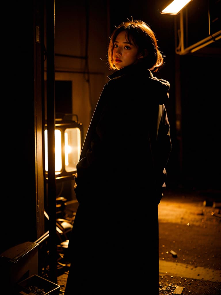 AI generated: Photo of a rich girl, looking back, in a dark area, light illumination in front, post-apocalyptic, d...