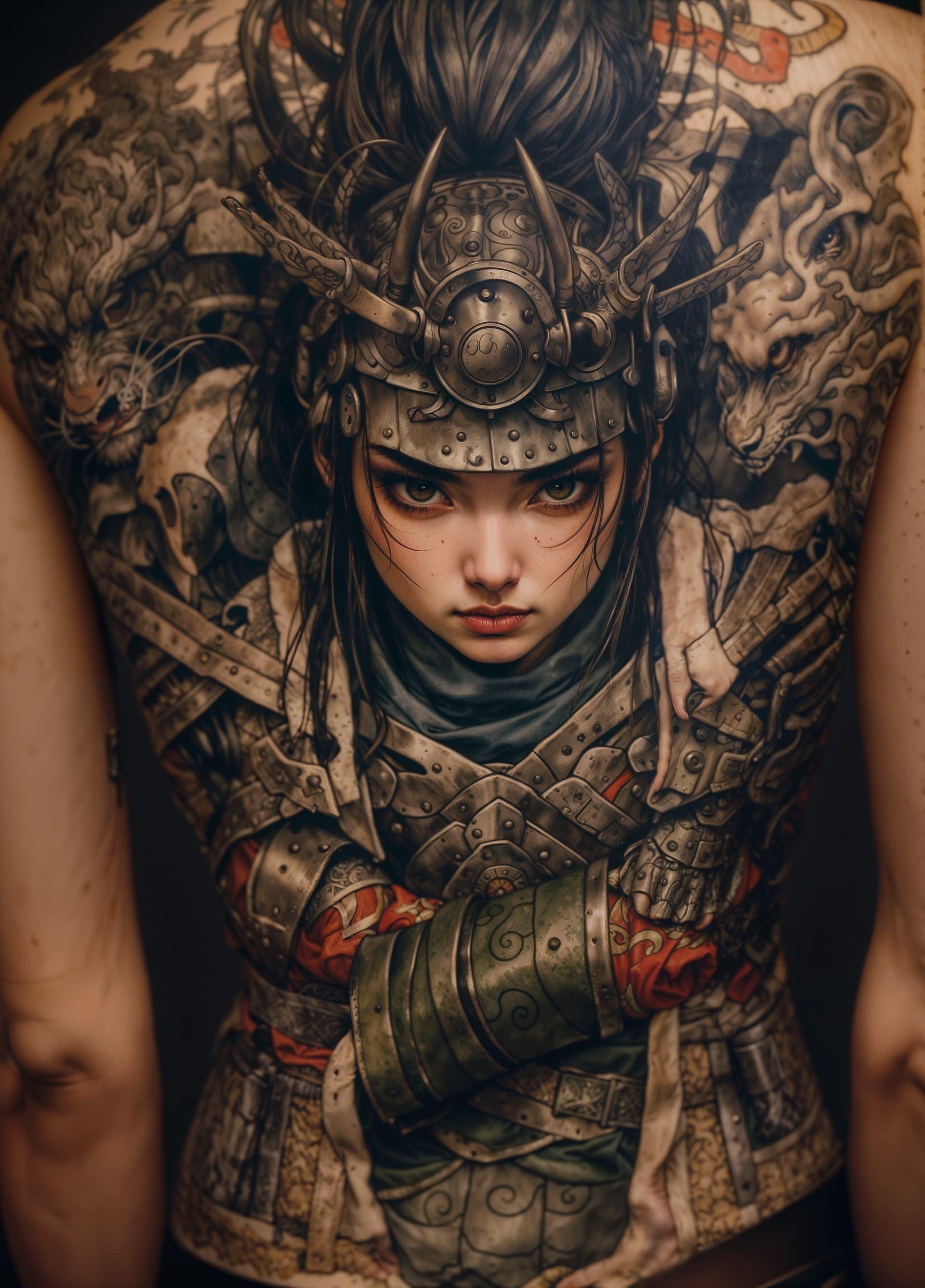 AI generated: A full body photo shot of a ((tattoo)) of a Chinese Armored Samurai Warrior, influenced by chinese c...