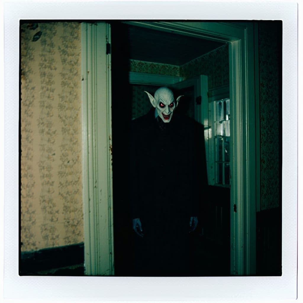 AI generated: grainy 80's photograph quality polaroid of uncanny nosferatu caught in an abandoned house, dark, unc...