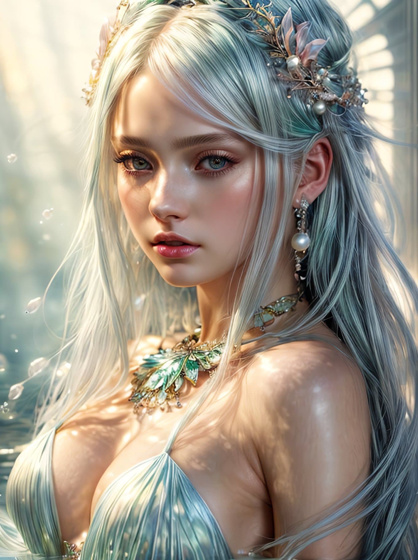 AI generated: Modelshoot Style, Beautiful albino mermaid with silky hair and big reflective green eyes, shimmering...