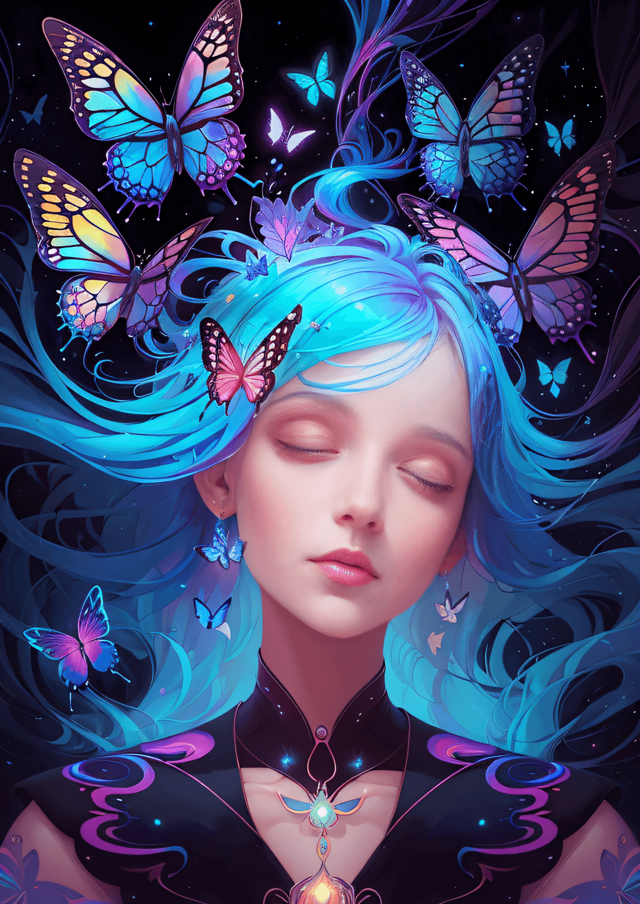 AI generated: a painting of a woman with butterflies flying around her head, beeple and jeremiah ketner, iridescen...