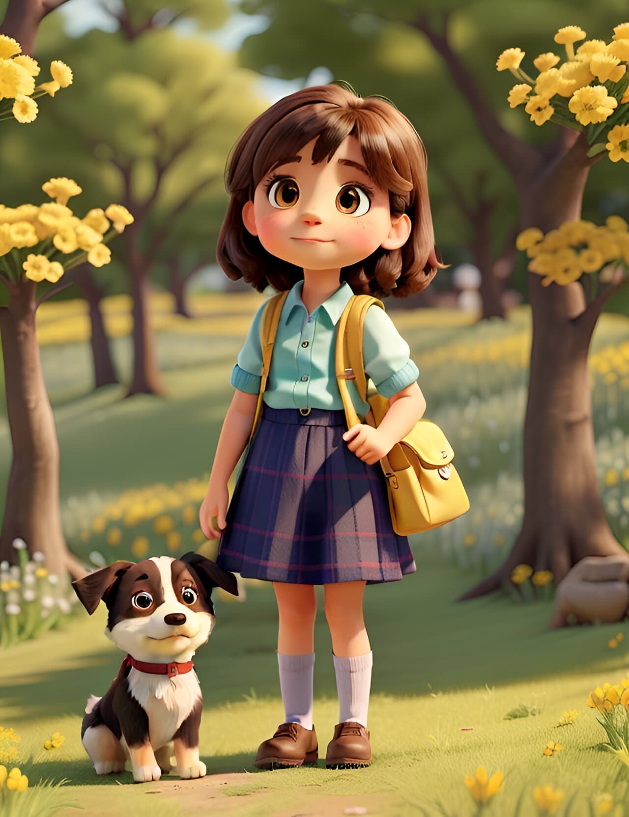 AI generated: A very charming little girl with a backpack and her cute border collie puppy enjoying a lovely sprin...