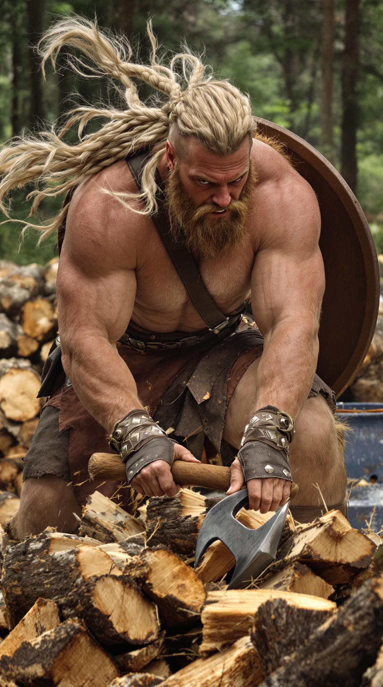 AI generated: Burly Norse shield maiden splitting logs, ((athletic muscular build)), ((visible muscle definition))...