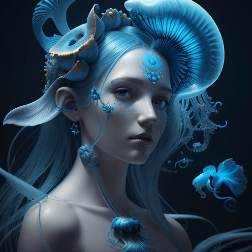 AI generated: Blue Goddess close-up portrait ribcagel. jellyfish phoenix head, nautilus, orchid, skull, betta fish...