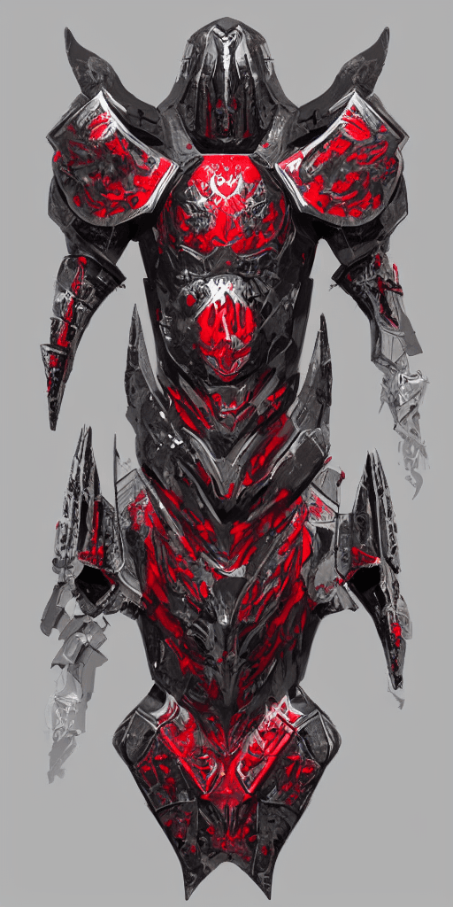 AI generated: full of gray metal armor on the white background, with a floral relief, in a black and red style,ver...