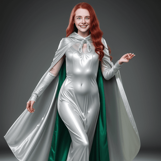 AI generated: young white irish woman smiling, wearing a floor length glossy silver cloak tied at the neck with ri...