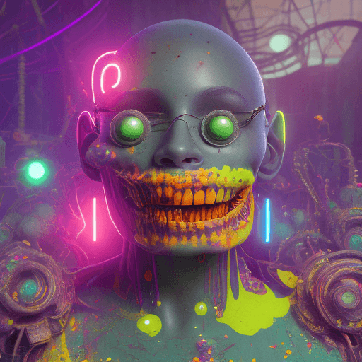 AI generated: acid smiley looming over the end of the world, neon, dystopian, dripping paint, photorealistic, cine...