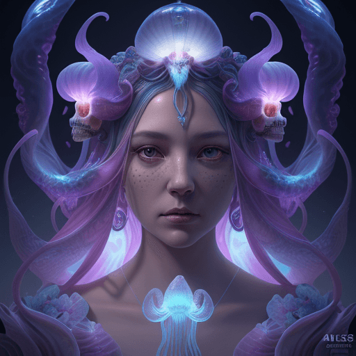 AI generated: Goddess close-up portrait ribcagel. jellyfish phoenix head, nautilus, orchid, skull, betta fish, bio...