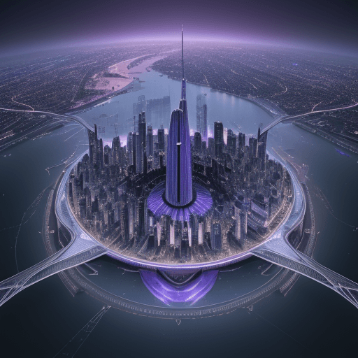 AI generated: 3D rendered aerial view of a digital city of the future, with a vast depth of field. Buildings, embl...