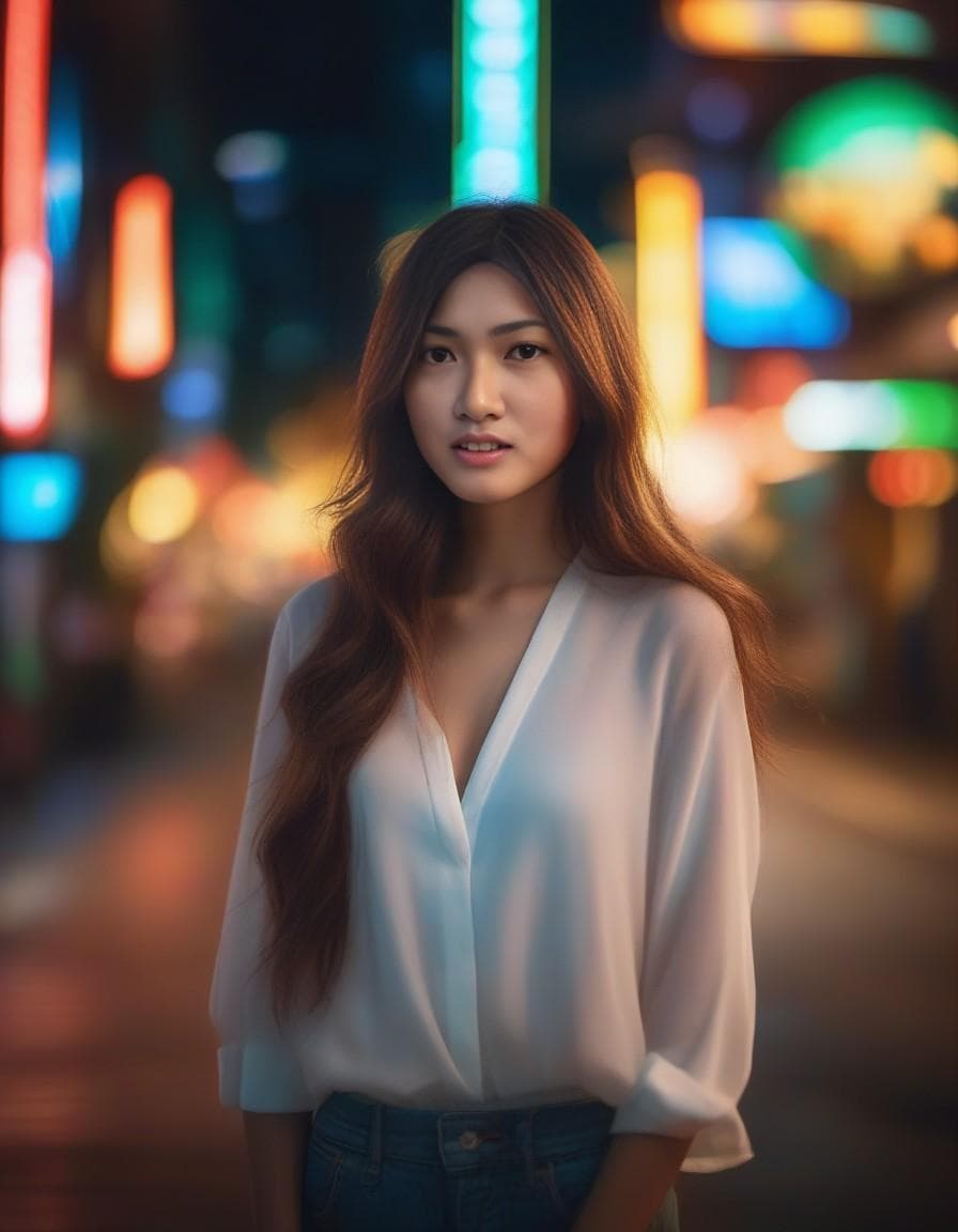 AI generated: realistic portrait of very beautiful girl, a young supermodel girl,asian market backgroud,shop neon ...