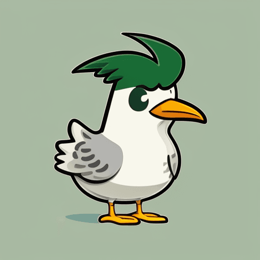 AI generated: a sticker with a cartoon of and adult seagull wearing a green t-shirt, tropical bird, tropical bird,...