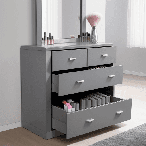AI generated: Glittery gray modern dresser unit with good storage for hair tools, makeup and daily skin card produ...