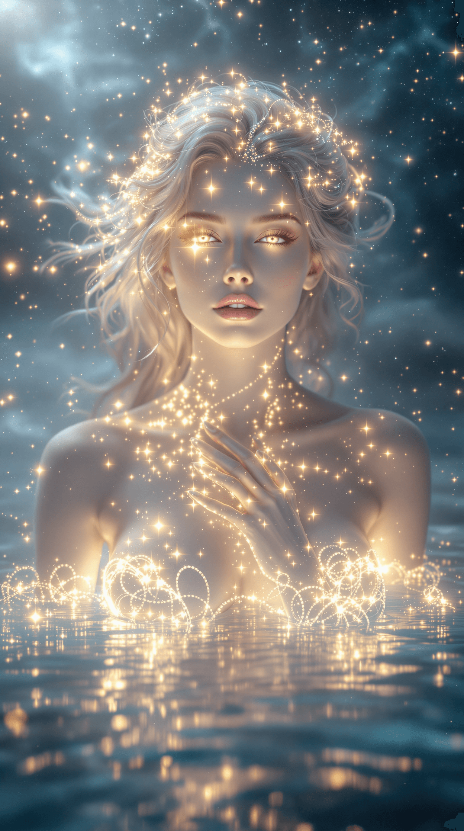 AI generated: a breathtaking and cinematic portrait of a divine female astral being, suspended gracefully in the v...