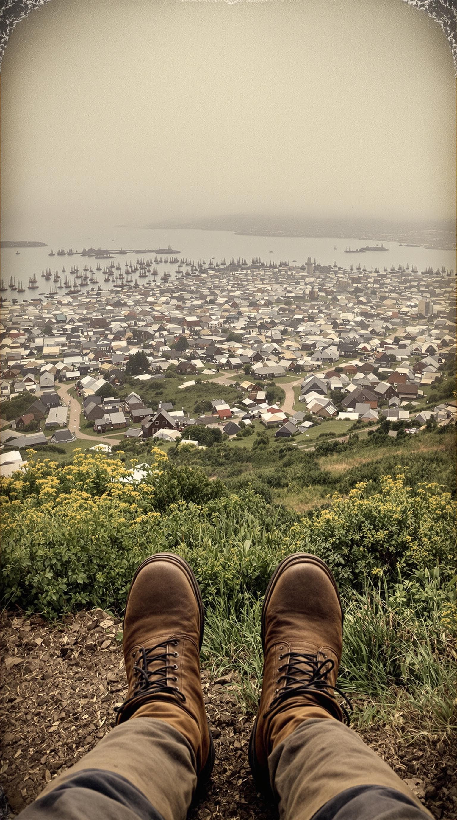AI generated: first person POV, trail-worn 1849 boots at hilltop overlooking San Francisco Bay, hundreds of abando...