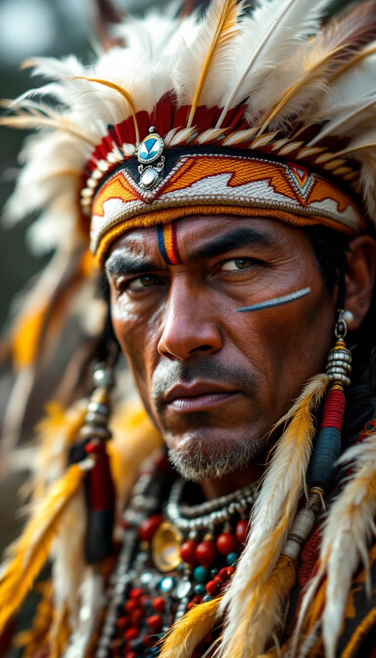 AI generated: cinematic image features a mid shot  of a man with a strong, intense expression. He is adorned in tr...