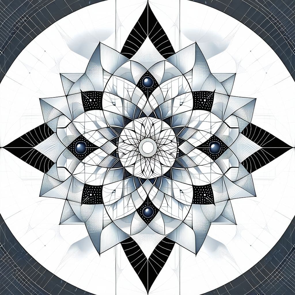 AI generated: **Geometric Harmony:** A symmetrical mandala composed of interlocking geometric shapes, including tr...