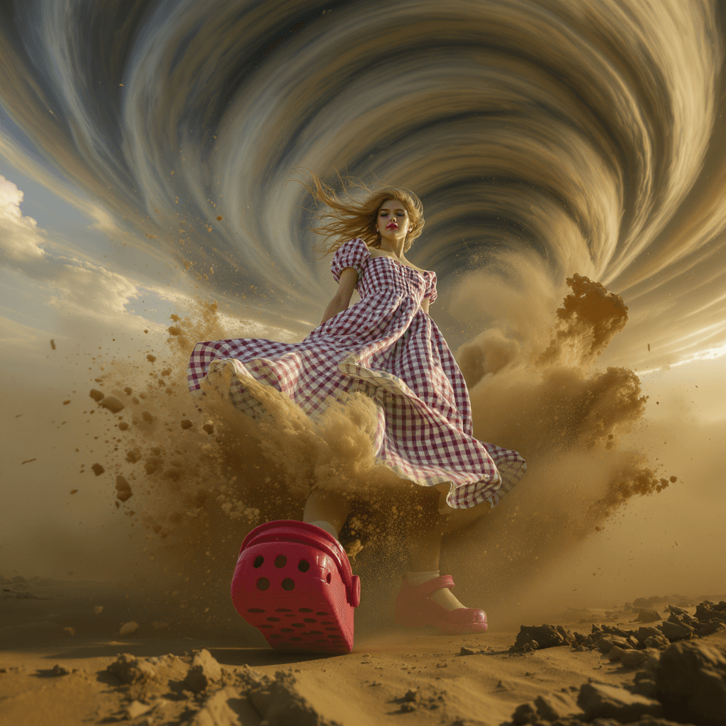 AI generated: Cinematic ultra-wide low-angle shot of a girl caught in a dramatic
dust tornado, wearing a vintage ...