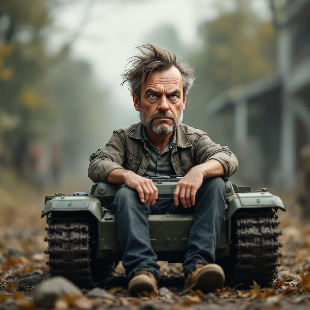 AI generated: Realistic caricature of a serious man sitting in a toy tank,hyper realism, high detail,8k

