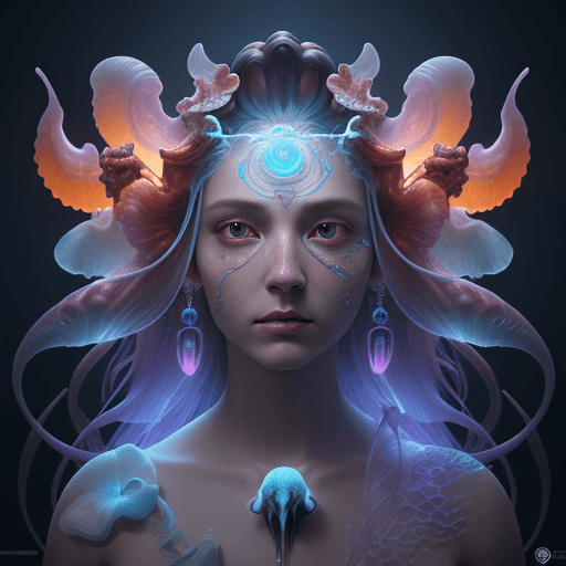 AI generated: Goddess close-up portrait ribcagel. jellyfish phoenix head, nautilus, orchid, skull, betta fish, bio...