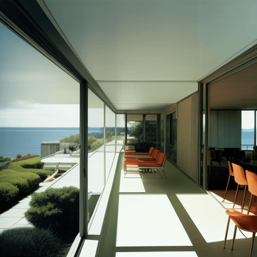 AI generated: Hyper realistic eye level exterior photo of a mid century modern style house overlooking the ocean, ...