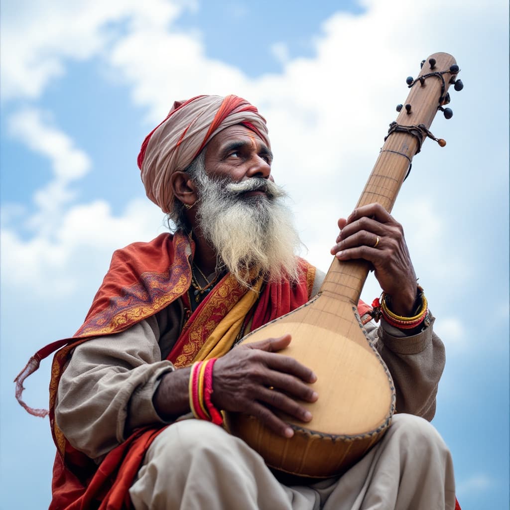 AI generated: A simple Sindhi old man with traditional musical instruments in the hand and pondering on something ...
