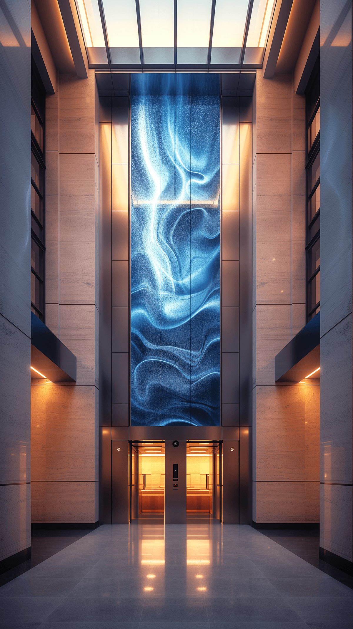 AI generated: photography, sleek and minimalist elevator lobby in a corporate building, front view, eye level shot...