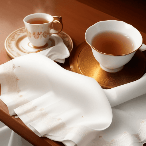 AI generated: A white saree is lying on the dining table. And there are tea stains on it and a cup of tea lying ho...