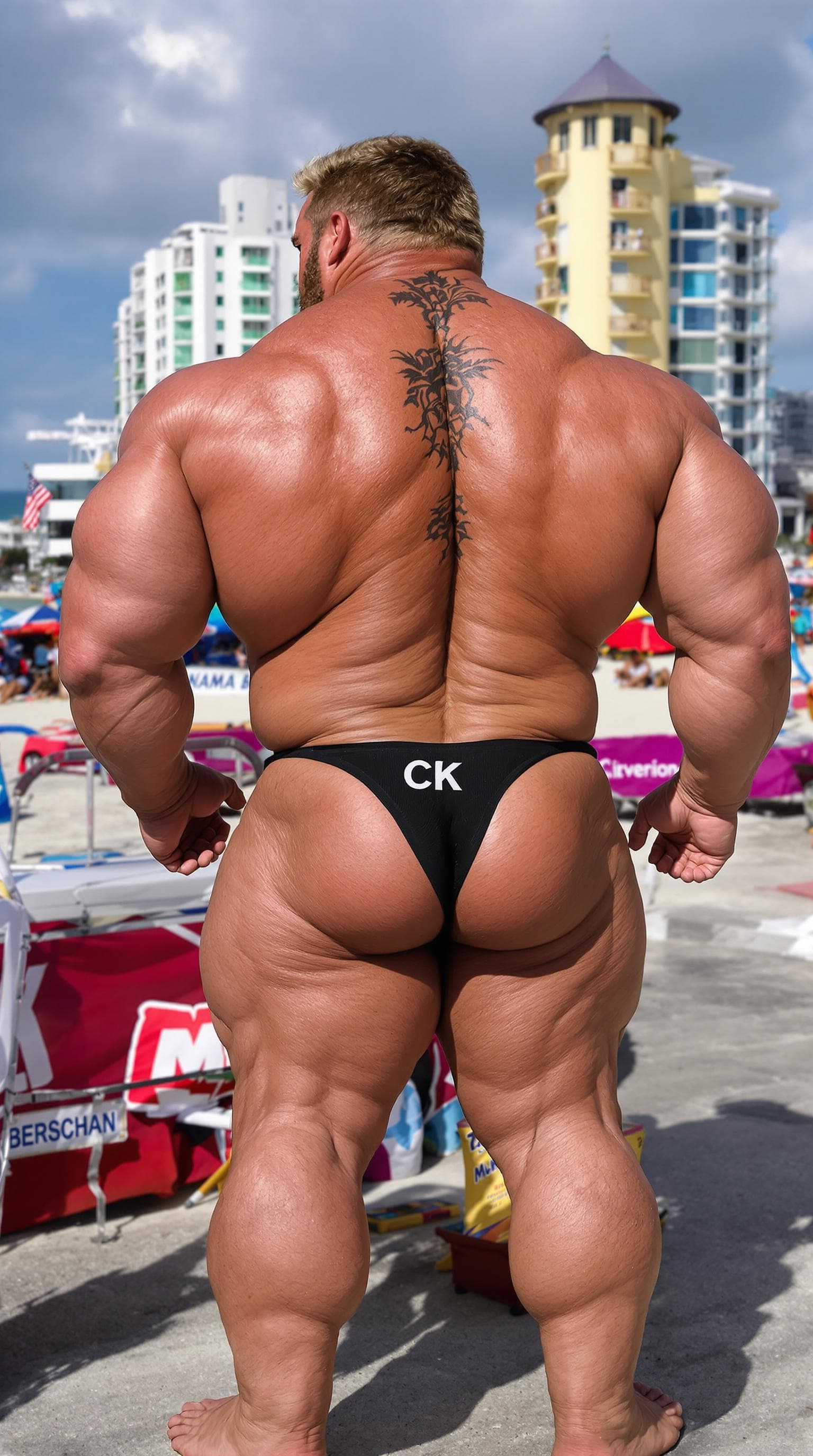 AI generated: A grotesquely massive 30-year-old American super heavyweight bodybuilder with deeply veined, giganti...