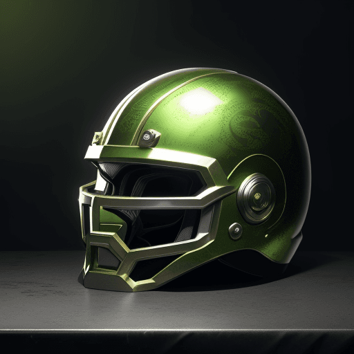 AI generated: helmet on the table with the design and character of Hulk The helmet is gold and Green dark, no wate...