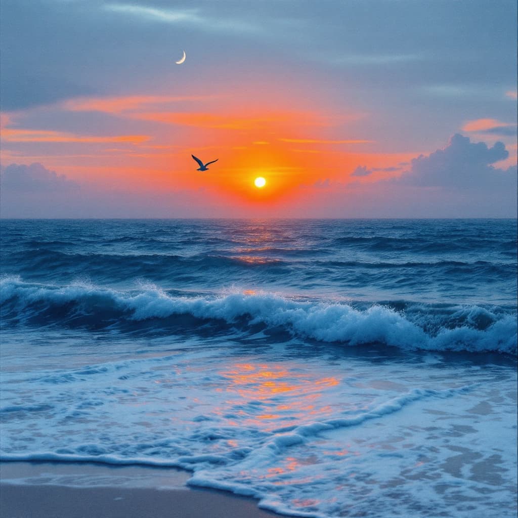 AI generated: Sun set on the ocean with a crescent moon visible there is a little surf and there is a single Seagu...