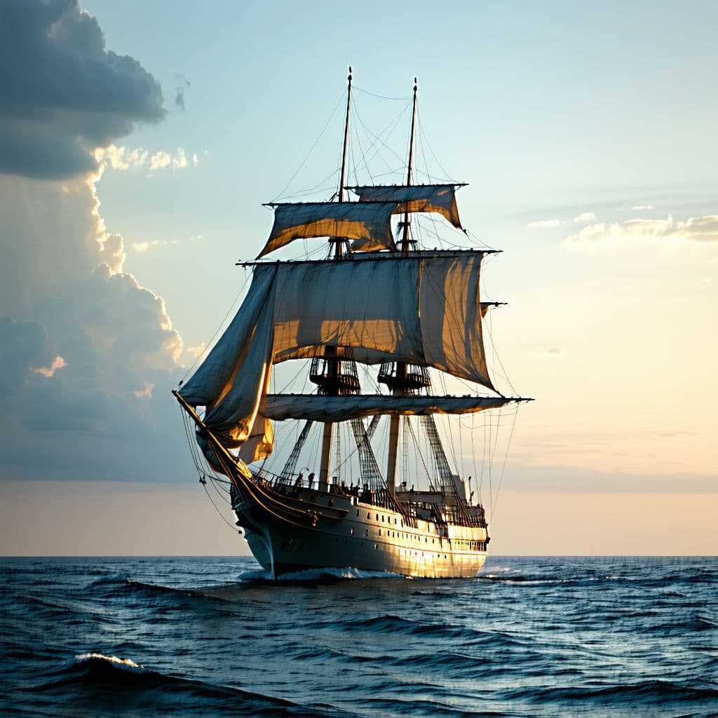 AI generated: Photo of a ultra realistic sailing ship, dramatic light, pale sunrise, cinematic lighting, battered,...