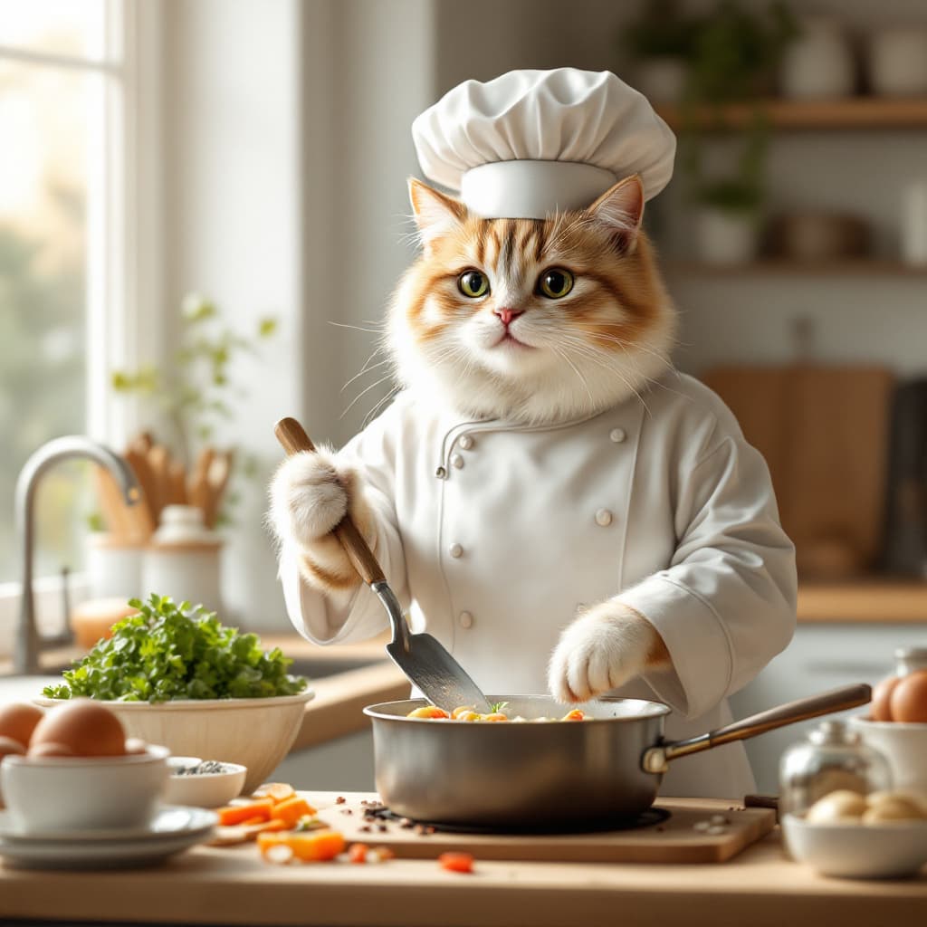 AI generated: In the bright Nordic kitchen scene, a real adult anthropomorphic cat wearing a clean and tidy chef u...