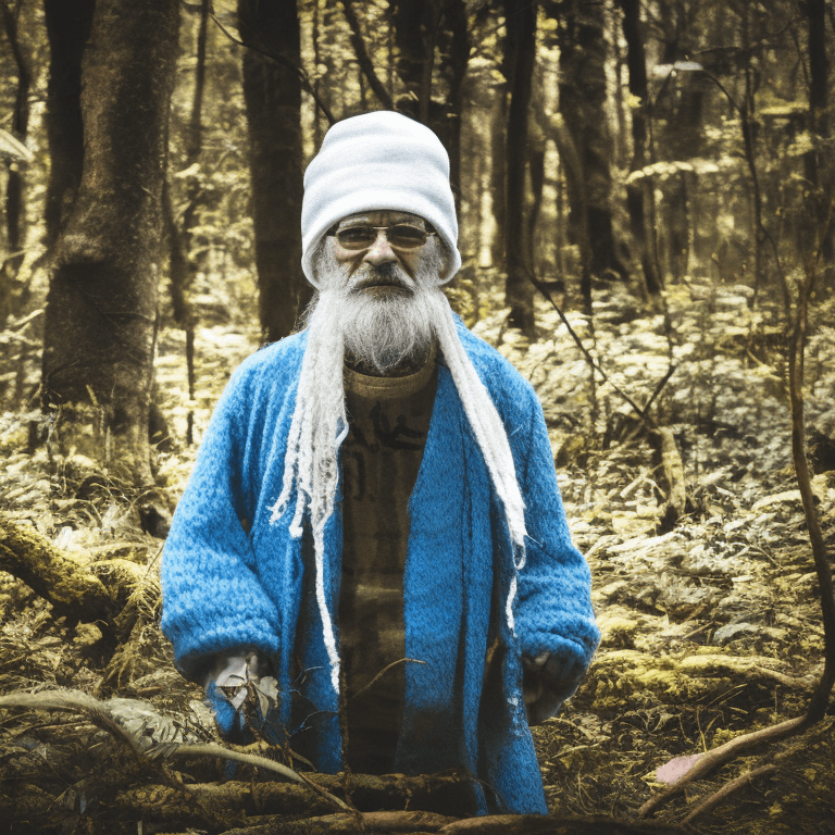 AI generated: An old man camouflaged like a smurf, with a white tuque on his head, in the forest. Cinematic style ...
