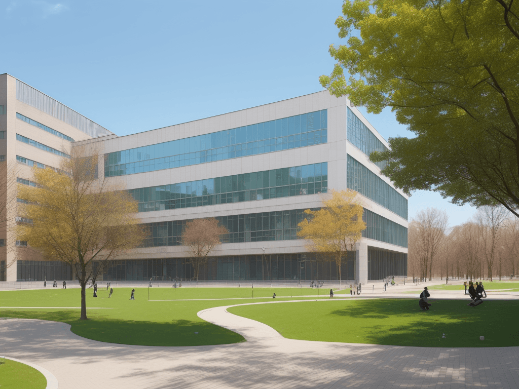 AI generated: Show me a modern university building of a technical university at a bright sunny day with a small pa...