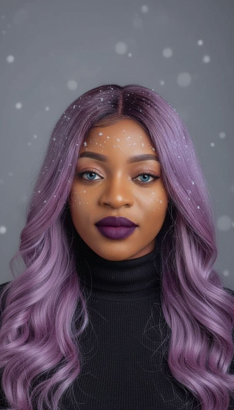 AI generated: A close-up portrait of a person with wavy, lavender purple hair dusted with snowflakes, piercing blu...