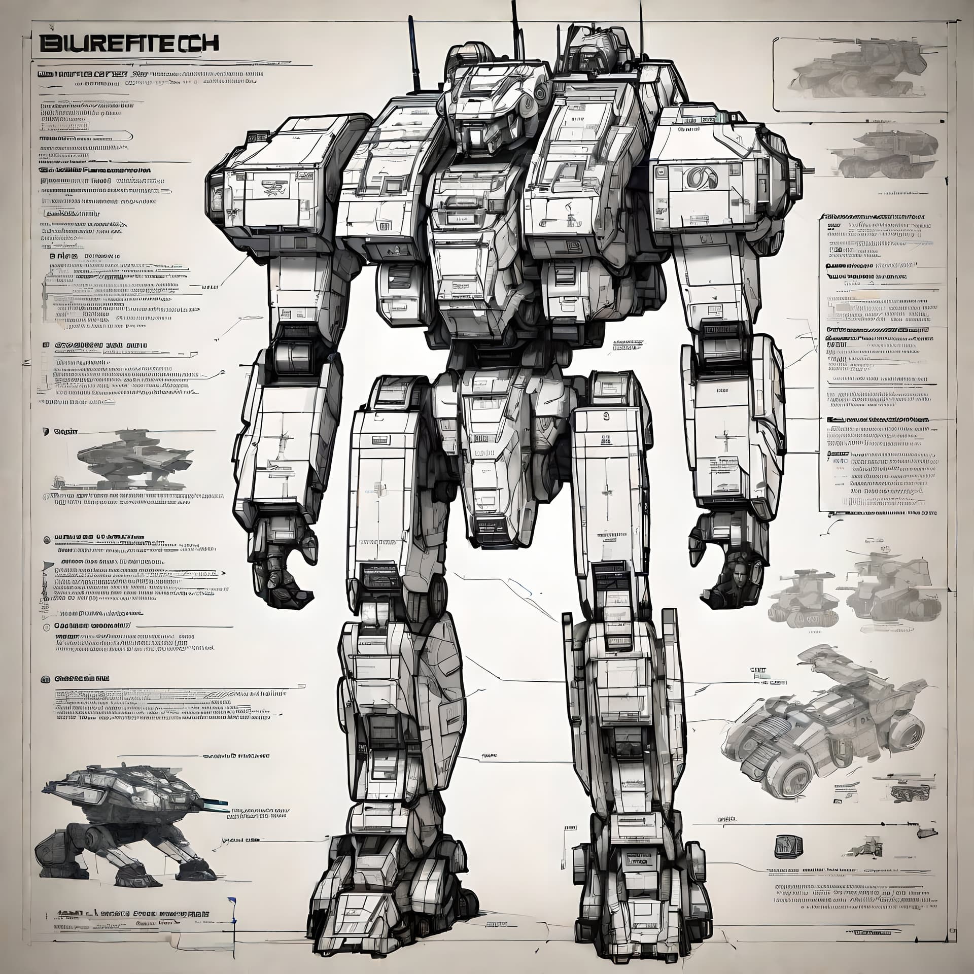 AI generated: A blueprint of a mech from battletech with detailed schematics and text on paper, (marauder:1.2), be...