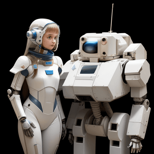AI generated: a girl with white armor in the space and her robot friend
