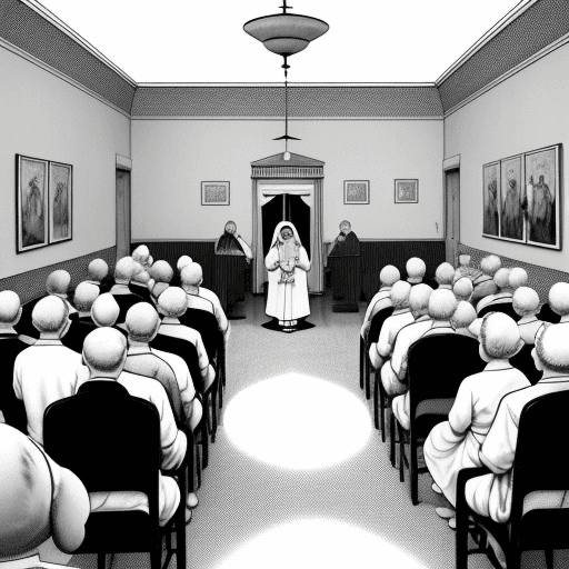 AI generated: In a nursing home in Birmingham, residents attend a mass held in the hall, A lady watches the mass w...
