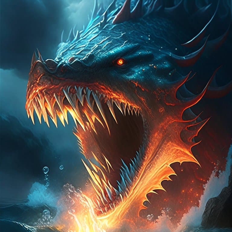 AI generated: Levitan,Sea creature,Impenetrable scales, tightly joined, solid defense, fiery breath, smoke from no...