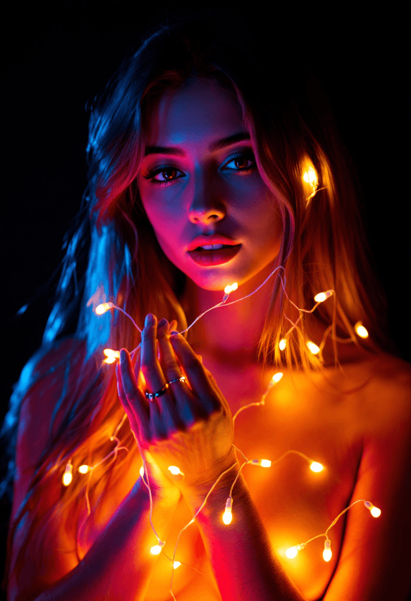AI generated: The image is a vibrant photograph featuring a young woman against a stark black background. She has ...