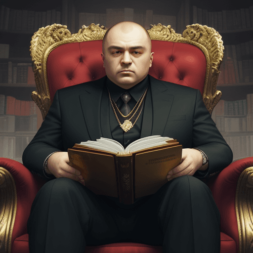 AI generated: make a book cover with the head of the Russian mafia is sitting in a big golden chair that is on a g...