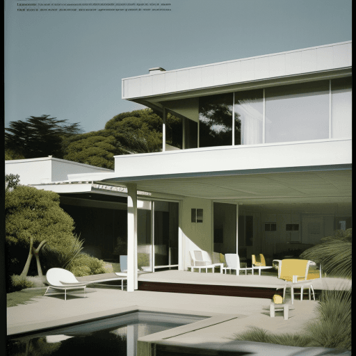AI generated: Hyper realistic eye level exterior photo of a mid century modern style house overlooking the ocean, ...