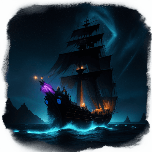 AI generated: (Pirate ship sailing into a bioluminescence sea with a galaxy in the sky), epic, 4k, ultra,