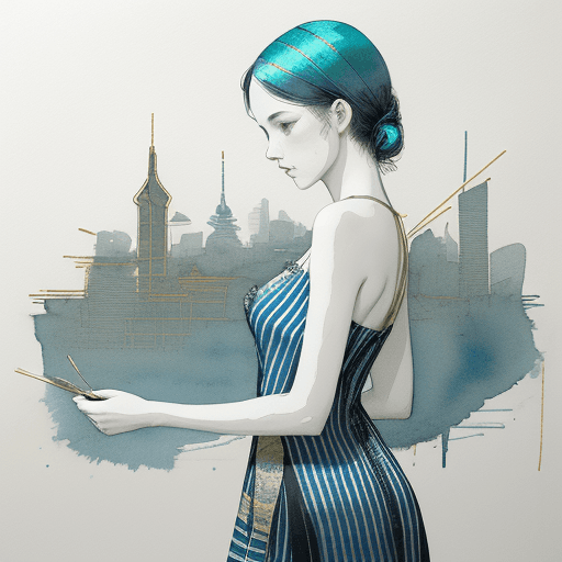 AI generated: Abstract fine line pencil sketch minimal watercolor color  woman in a black and white stripes sundre...