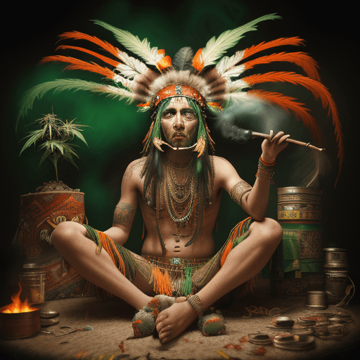 AI generated: High-resolution photograph of a psychedelic scene, indian chief dancing with a cannabis headdress, s...